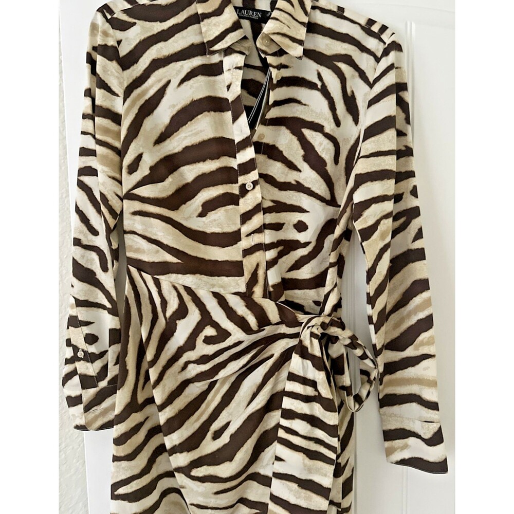 Lauren Ralph Lauren Women's Zebra-Print Tie-Front Crepe Shirtdress Cream Brown 2 - Picture 7 of 14